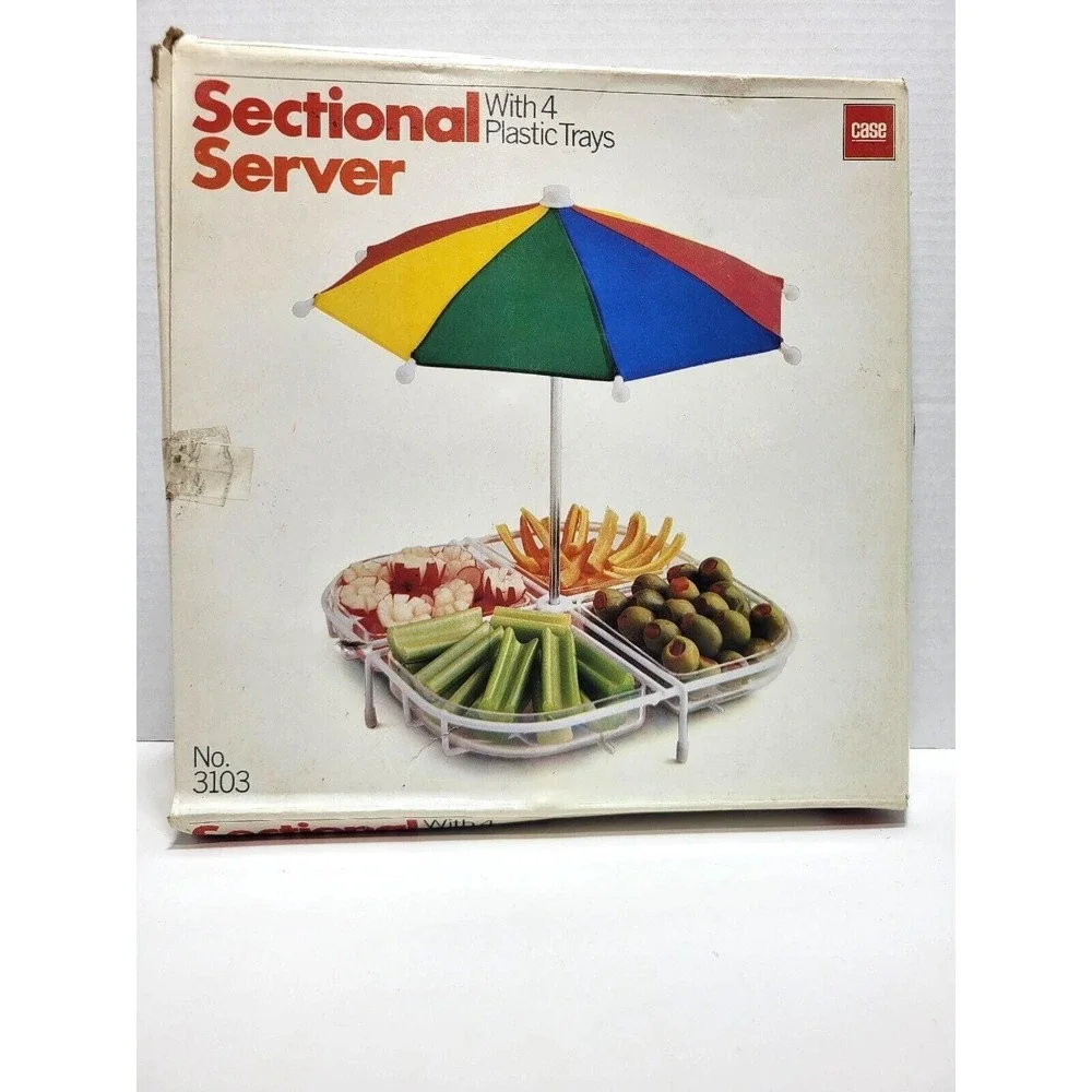 1984 Vintage Fruit Vegetable Chip Dip Condiment Sectional Server Set w Umbrella